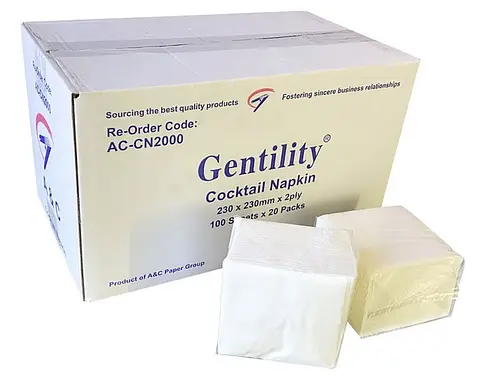 A&C Gentility Cocktail Napkin 2 Ply (100 Sheets 20 Packs) 2000 Sheets per Carton AC-CN2000